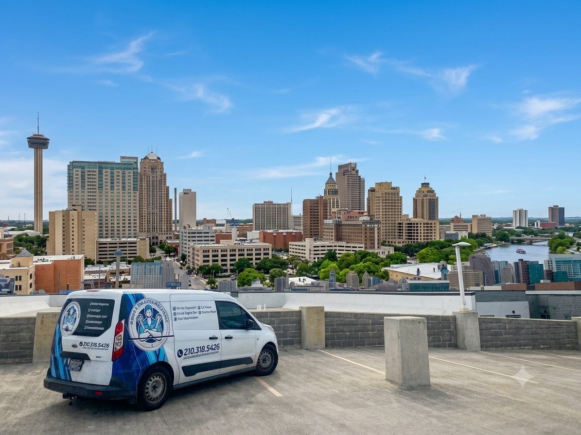 Mobile Master Mechanic van overlooking downtown San Antonio